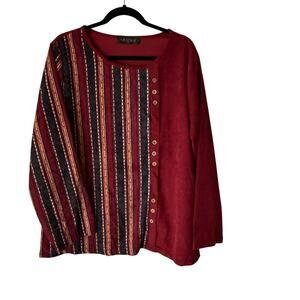 Gracila Boho Button Top‎ 2XL Red Striped Asymmetrical Lagenlook Corduroy Shirt